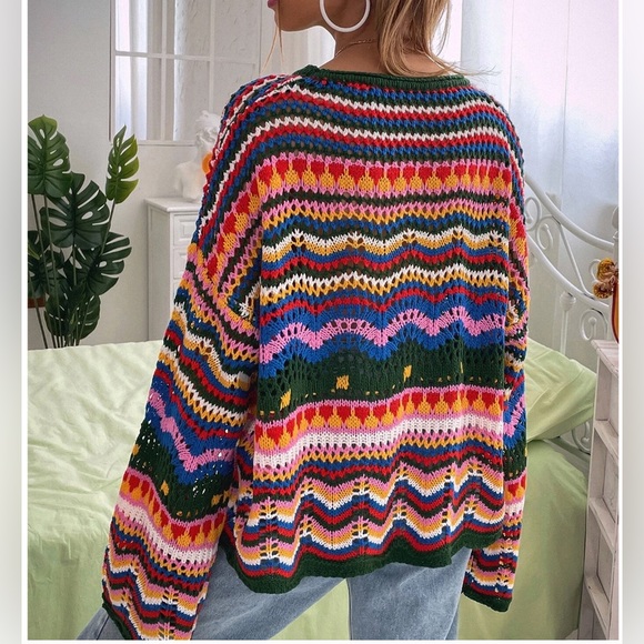 Oversized Chevron Pattern Open Drop Shoulder Sweater - Picture 3 of 10